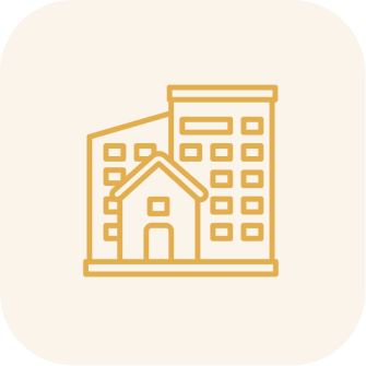 Outline of house and building on black.