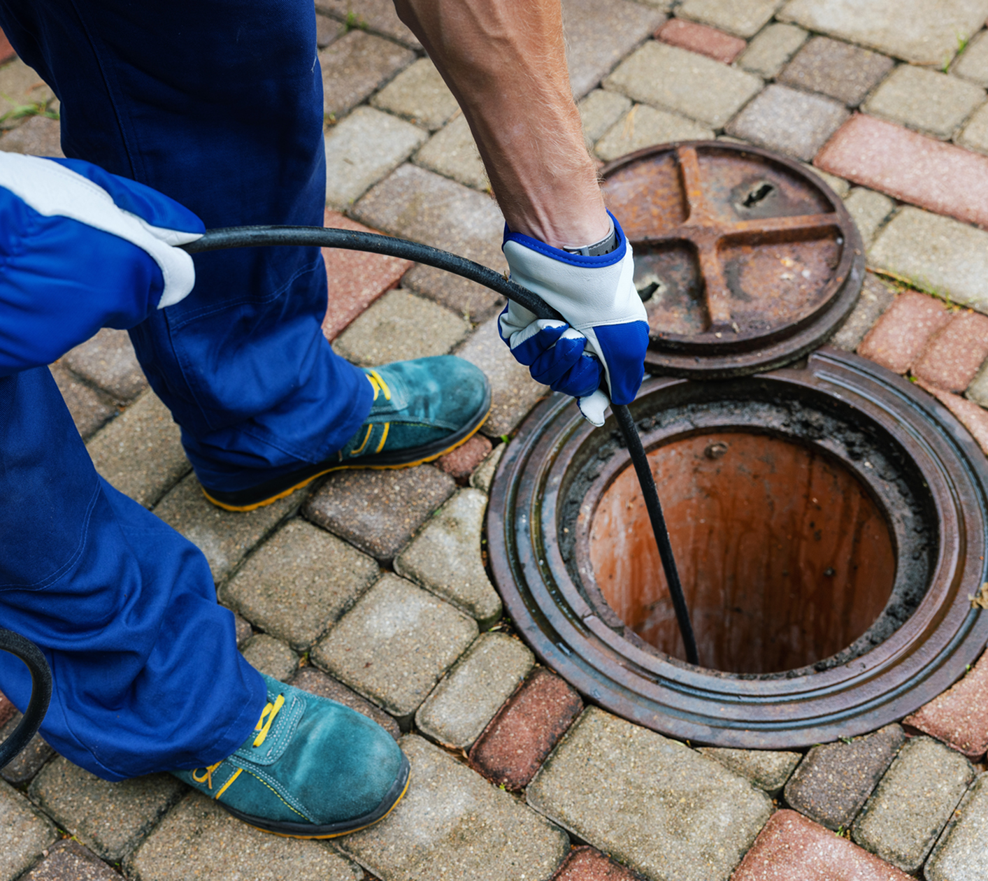 Worker cleaning drain with hose equipment.