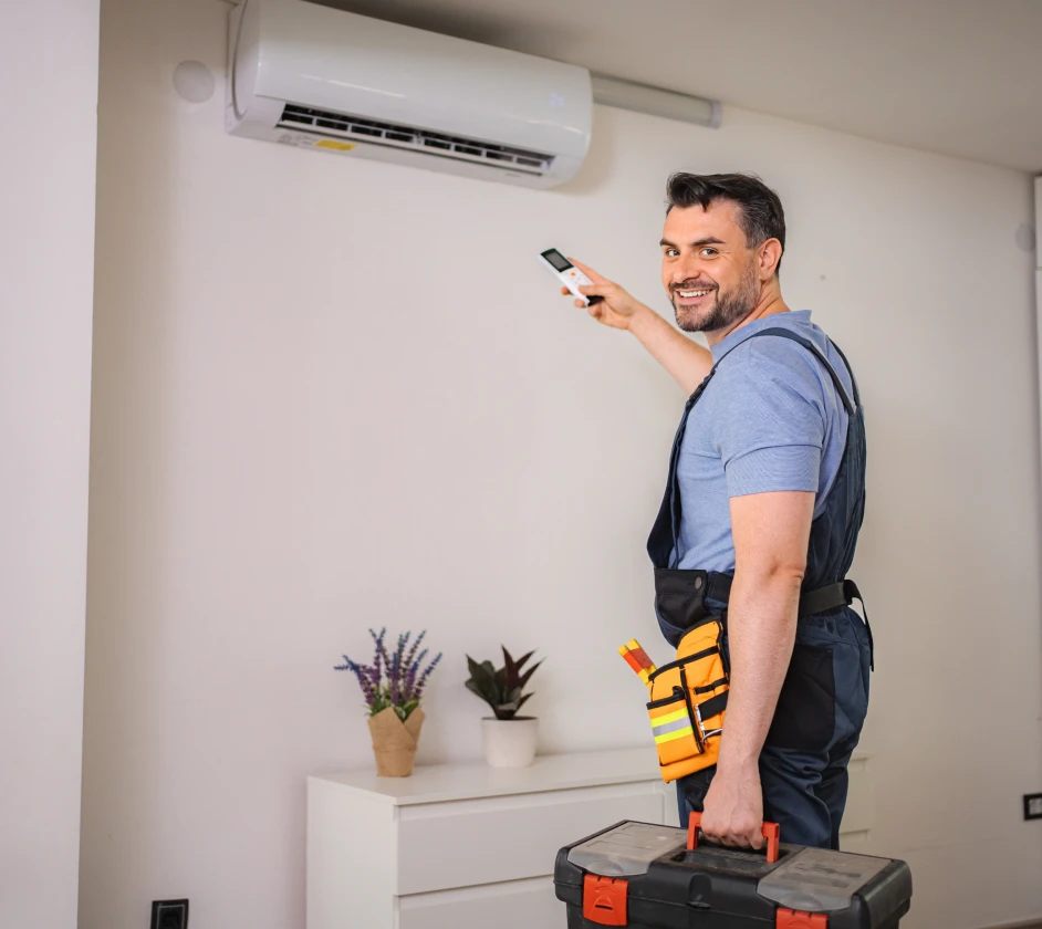 Technician adjusting air conditioner with remote.